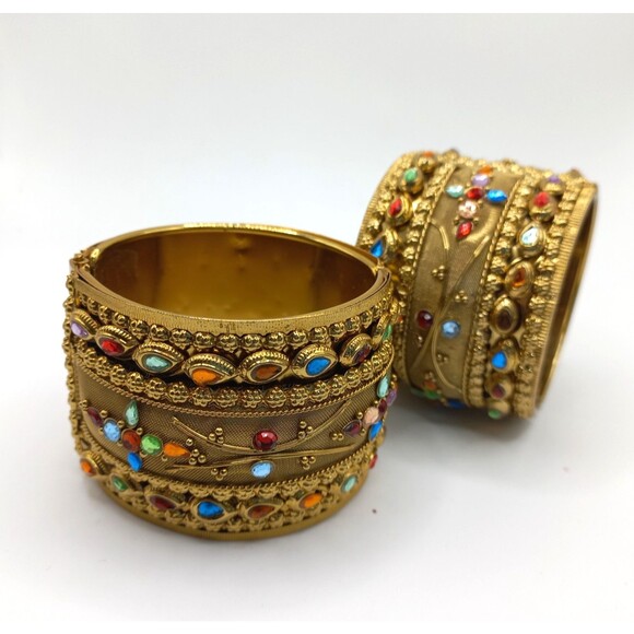 Vintage Mesh Hinged Wide, Gold Tone, Rhinestone Bangle Bracelet Pair - Picture 3 of 9